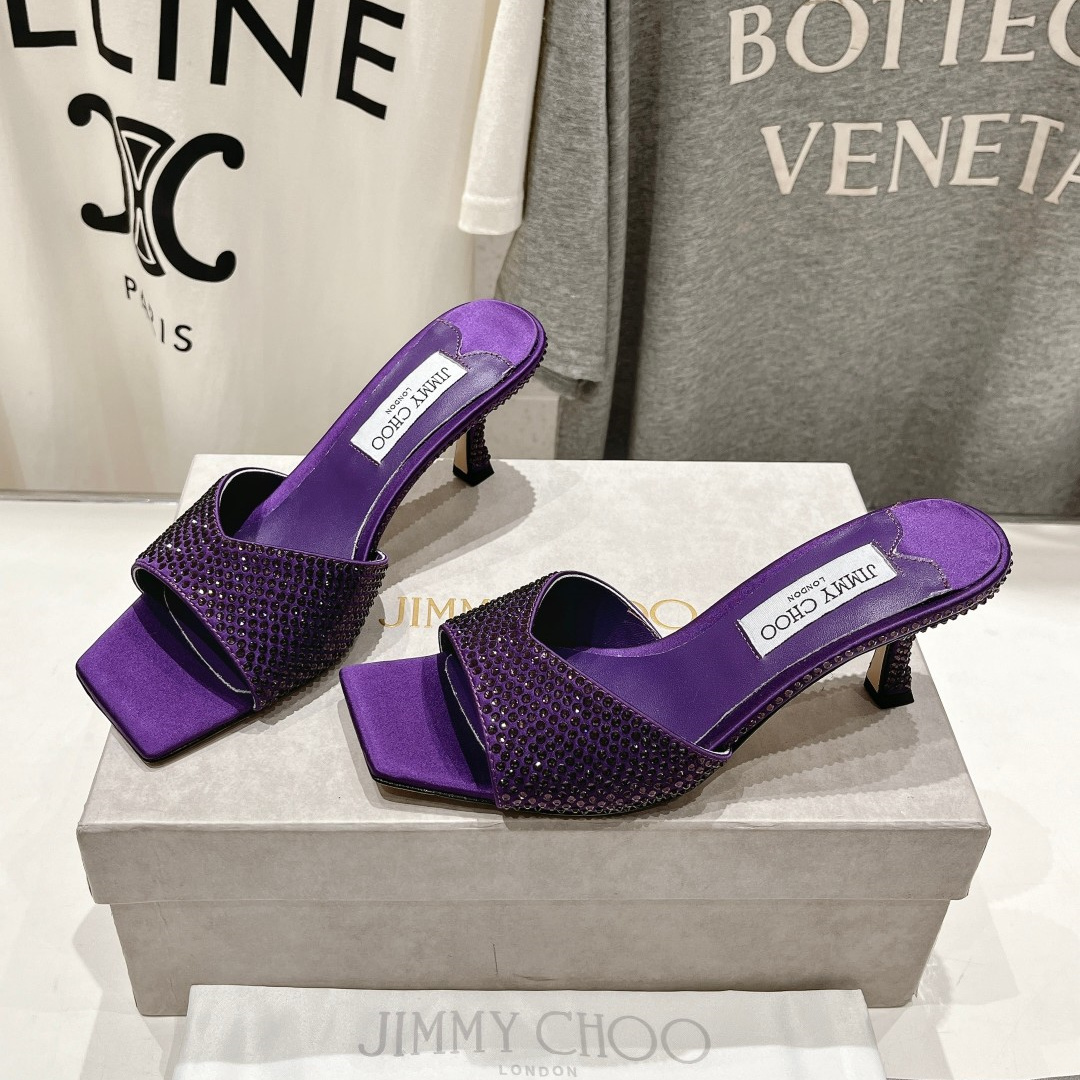 高仿JimmyChoo*SKYE75S方頭一字拖鞋水鑽紫7CM免檢版