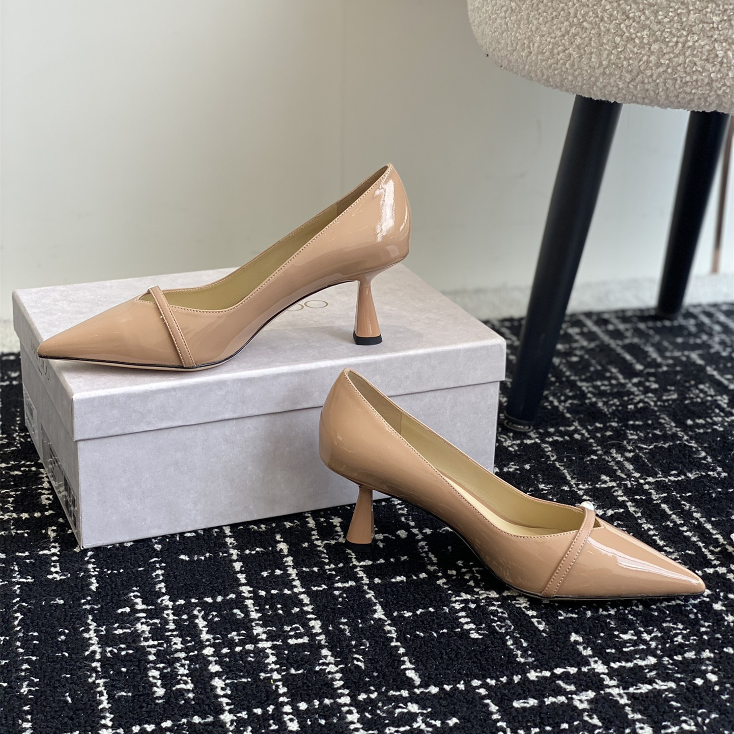 高仿JimmyChoo*ROSALI7水晶漆皮高踭鞋裸色6.5CM免檢版