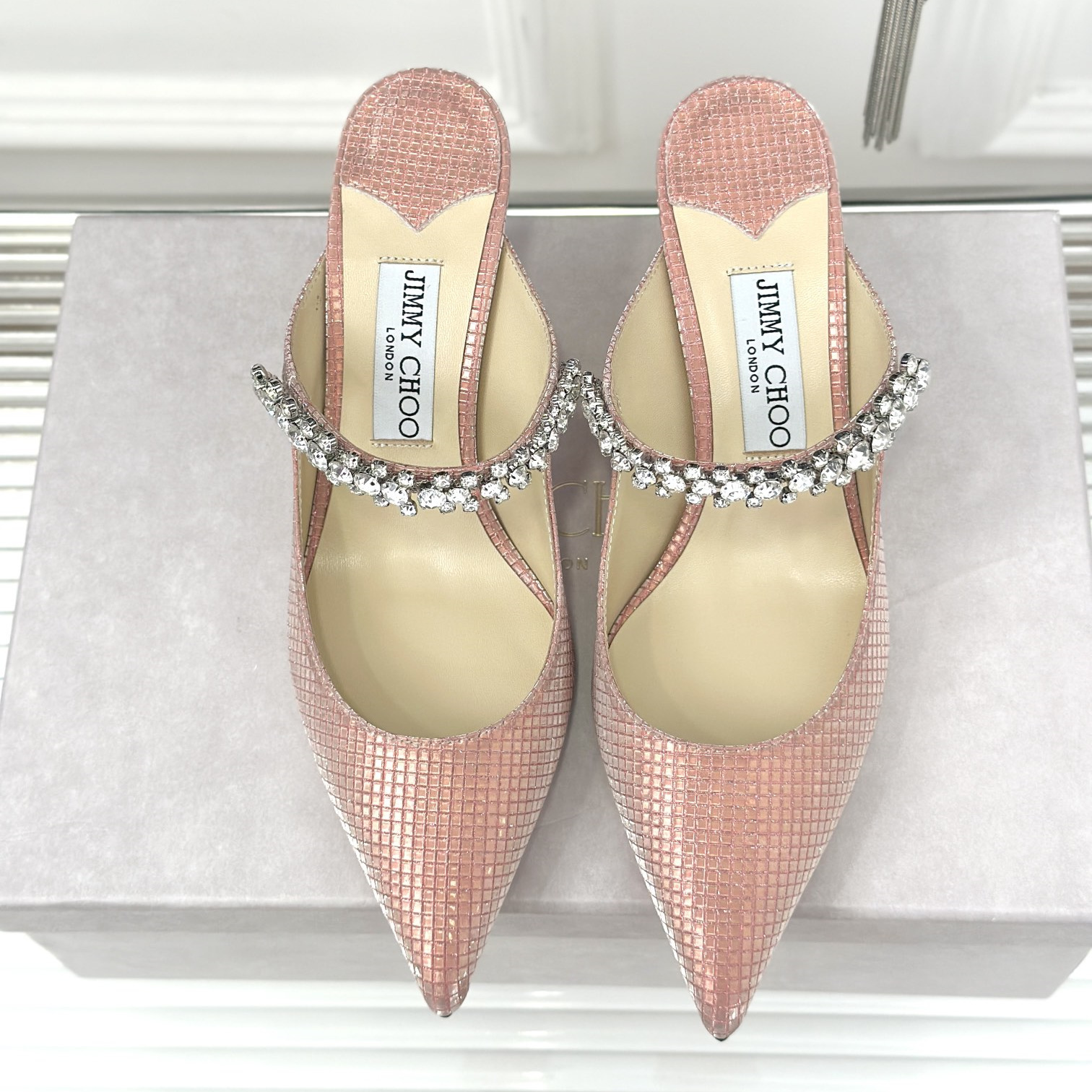 高仿JimmyChoo*BING64T水晶鑲嵌涼拖粉色6.5CM免檢版
