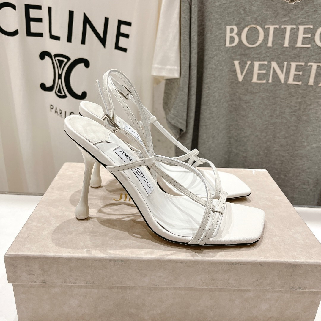高仿JimmyChoo*ETANA94交叉塔扣高踭涼鞋白色9.5CM免檢版