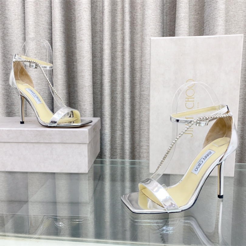 高仿JimmyChoo*TALIKA2方頭塔扣高踭涼鞋銀色10CM免檢版