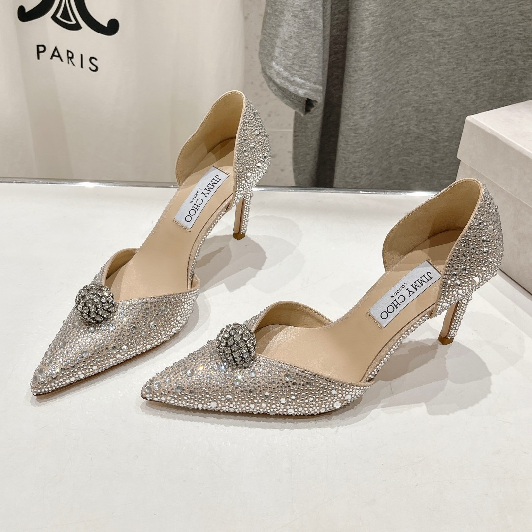 高仿JimmyChoo*SABINE8水鑽亮片高踭鞋裸色8.5CM免檢版