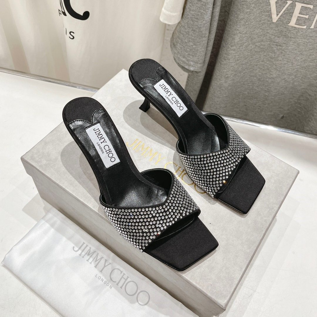 高仿JimmyChoo*SKYE74S方頭一字拖鞋水鑽黑7CM免檢版