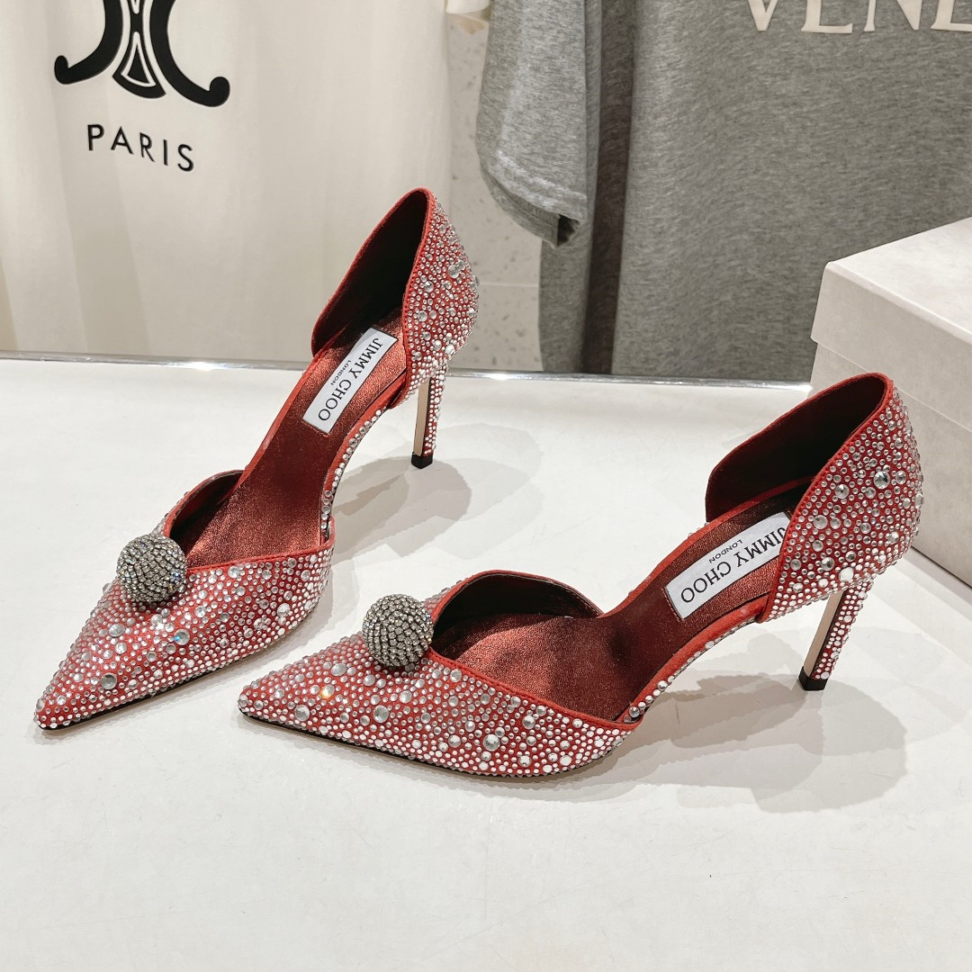 高仿JimmyChoo*SABINE5水鑽亮片高踭鞋銀紅色8.5CM免檢版