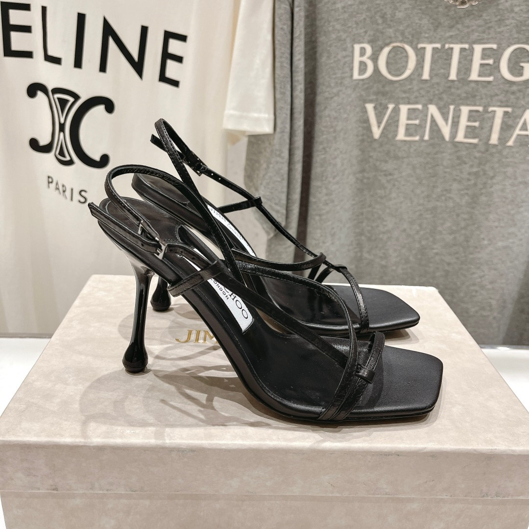 高仿JimmyChoo*ETANA95交叉塔扣高踭涼鞋黑色9.5CM免檢版