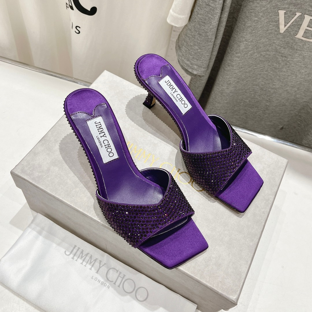 高仿JimmyChoo*SKYE75S方頭一字拖鞋水鑽紫7CM免檢版