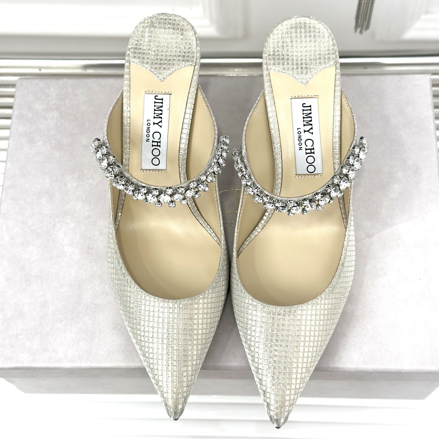 高仿JimmyChoo*BING62T水晶鑲嵌涼拖裸色6.5CM免檢版