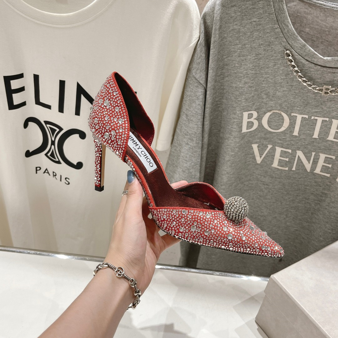 高仿JimmyChoo*SABINE5水鑽亮片高踭鞋銀紅色8.5CM免檢版
