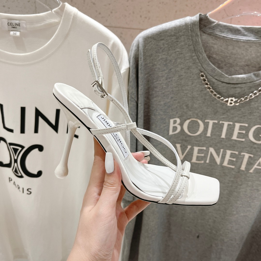 高仿JimmyChoo*ETANA94交叉塔扣高踭涼鞋白色9.5CM免檢版