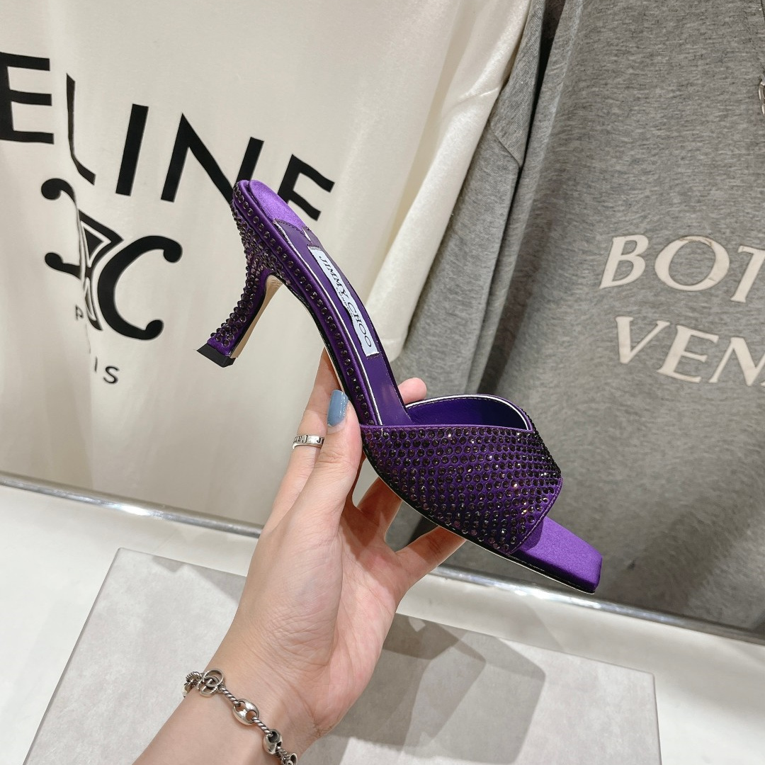 高仿JimmyChoo*SKYE75S方頭一字拖鞋水鑽紫7CM免檢版