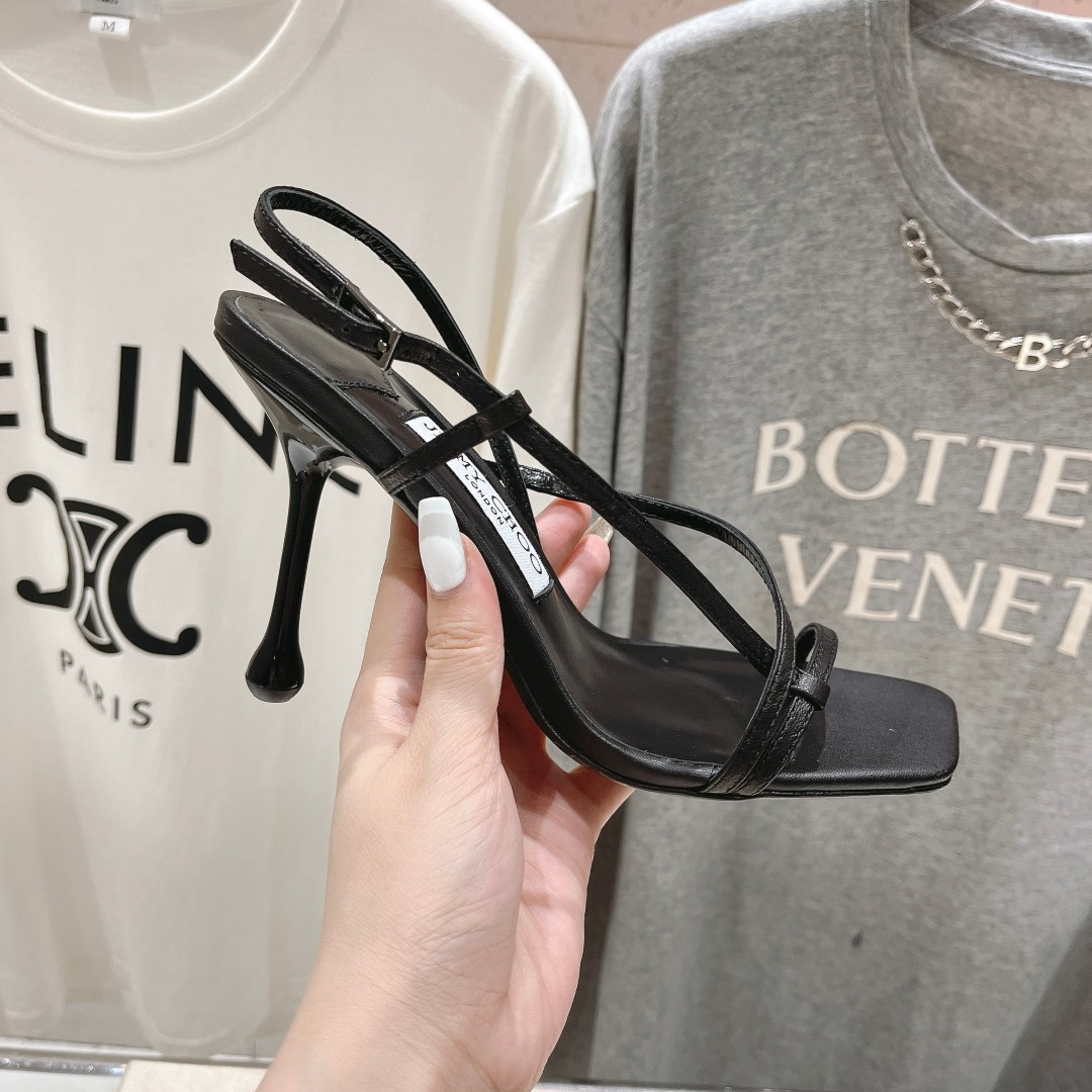 高仿JimmyChoo*ETANA95交叉塔扣高踭涼鞋黑色9.5CM免檢版