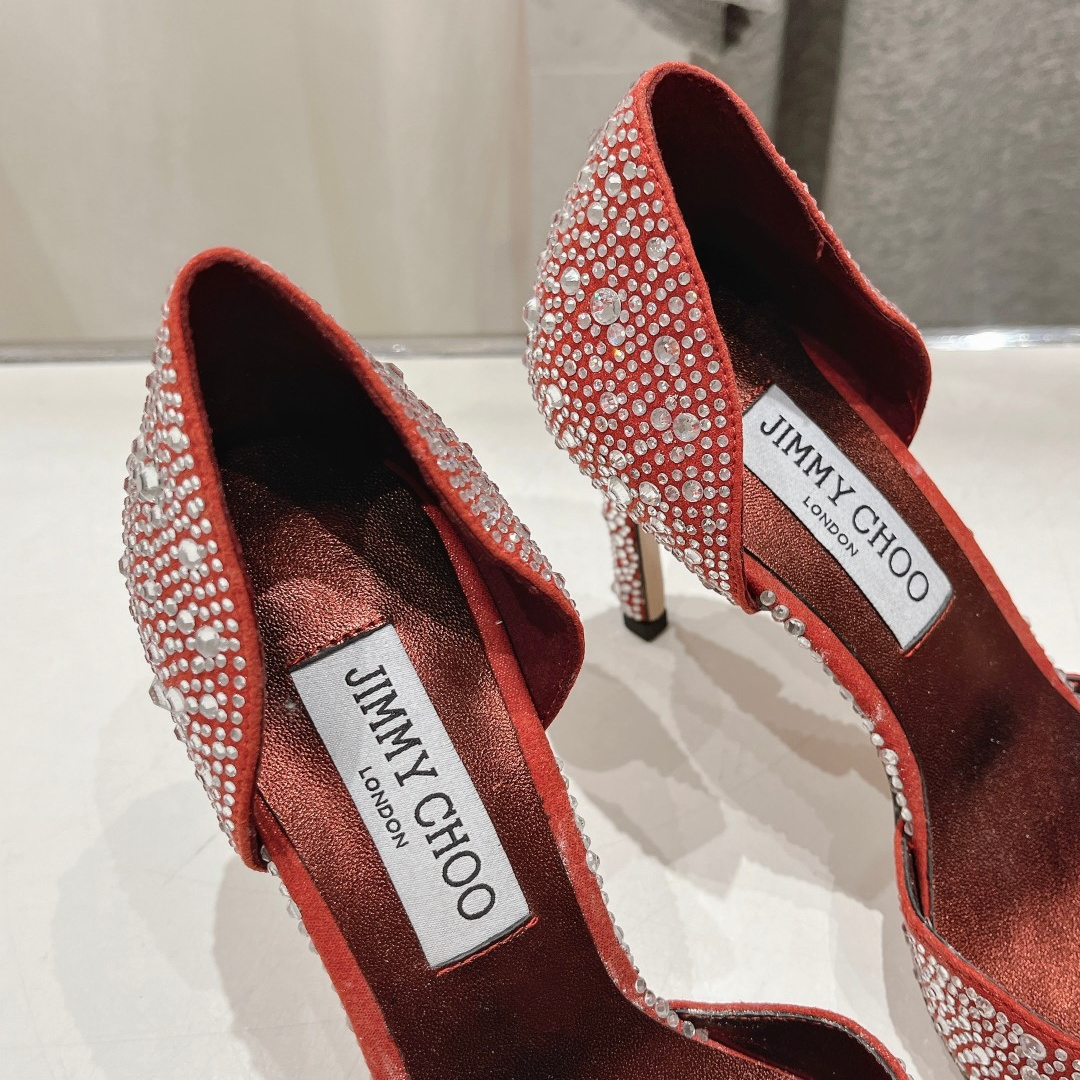高仿JimmyChoo*SABINE5水鑽亮片高踭鞋銀紅色8.5CM免檢版