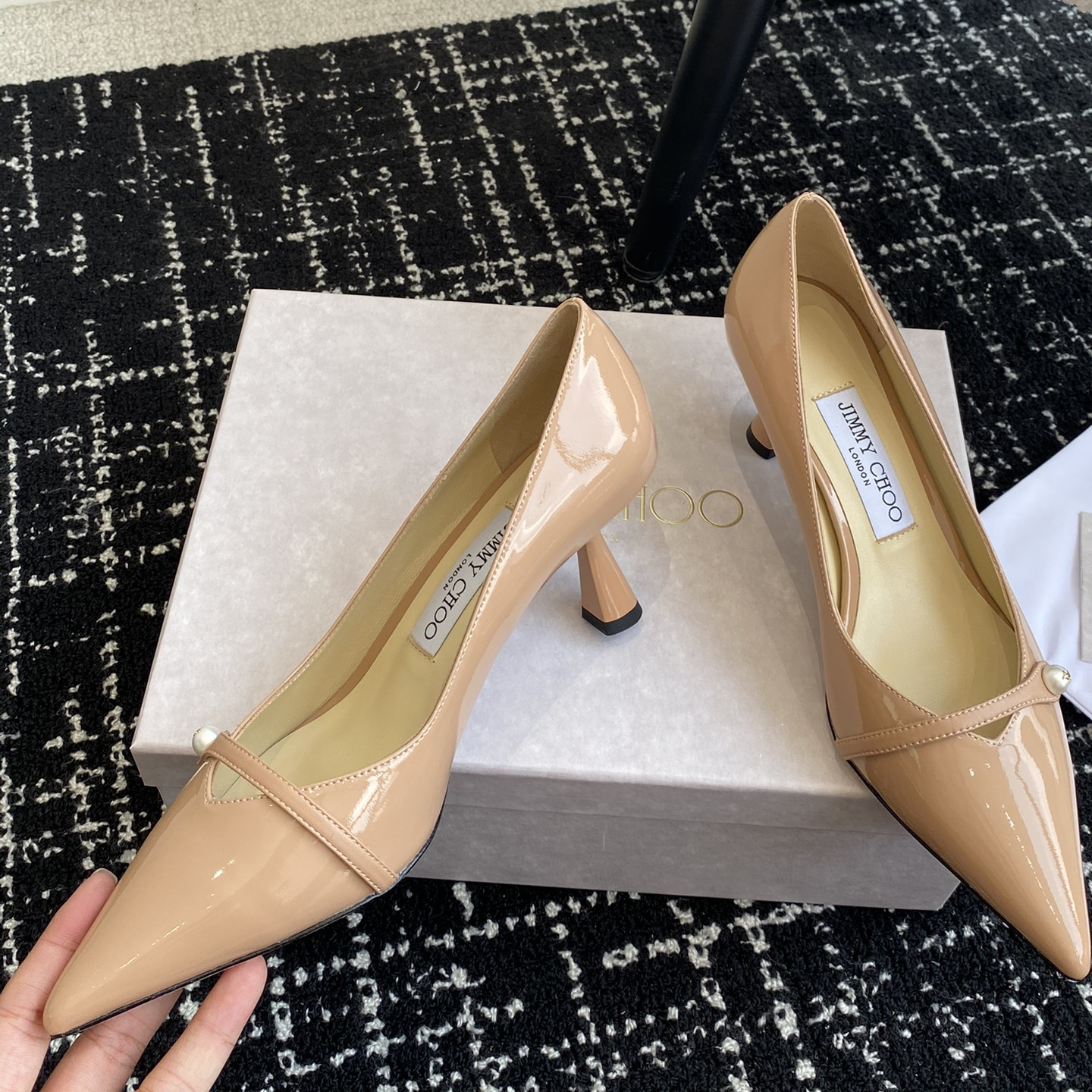 高仿JimmyChoo*ROSALI7水晶漆皮高踭鞋裸色6.5CM免檢版