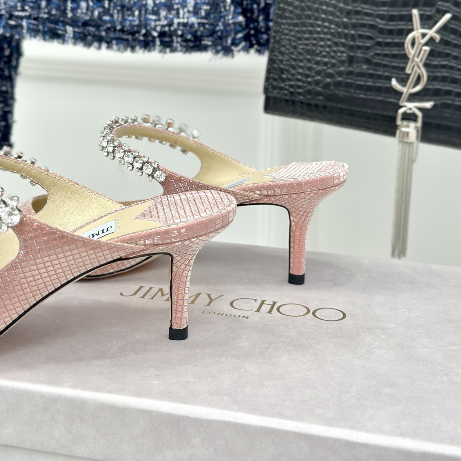 高仿JimmyChoo*BING64T水晶鑲嵌涼拖粉色6.5CM免檢版