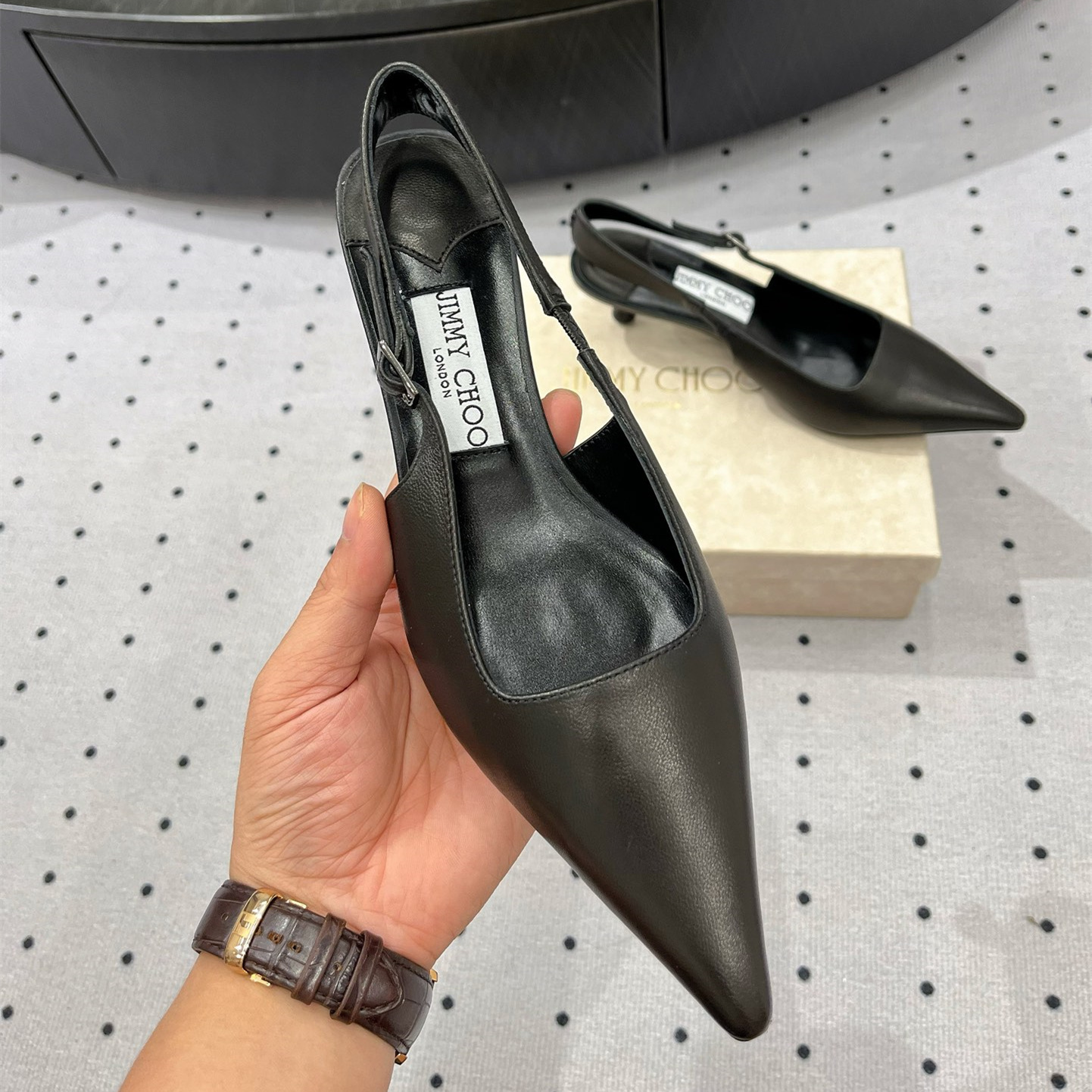 高仿JimmyChoo*AMEL52N尖頭塔扣高踭鞋黑色4.5CM免檢版