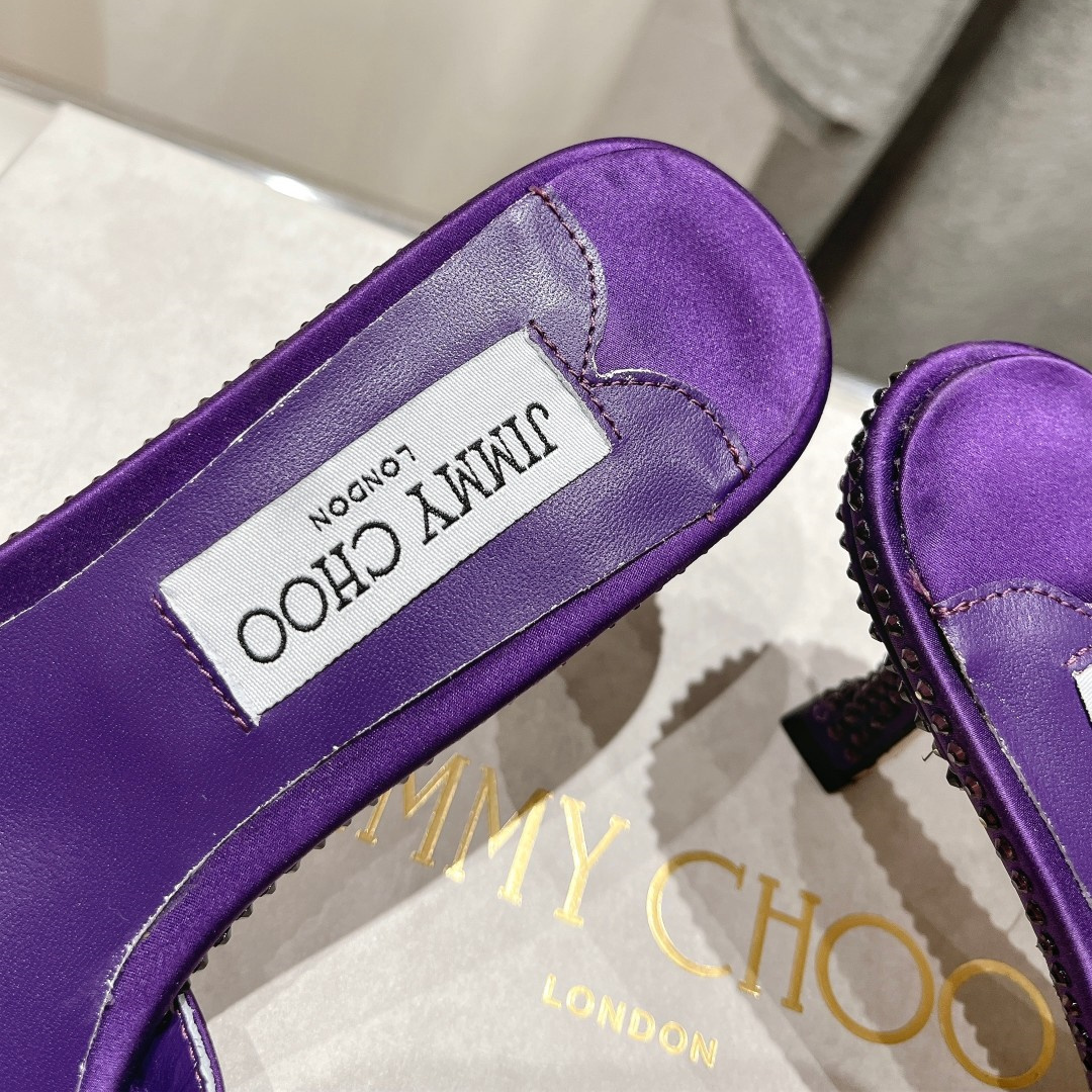 高仿JimmyChoo*SKYE75S方頭一字拖鞋水鑽紫7CM免檢版