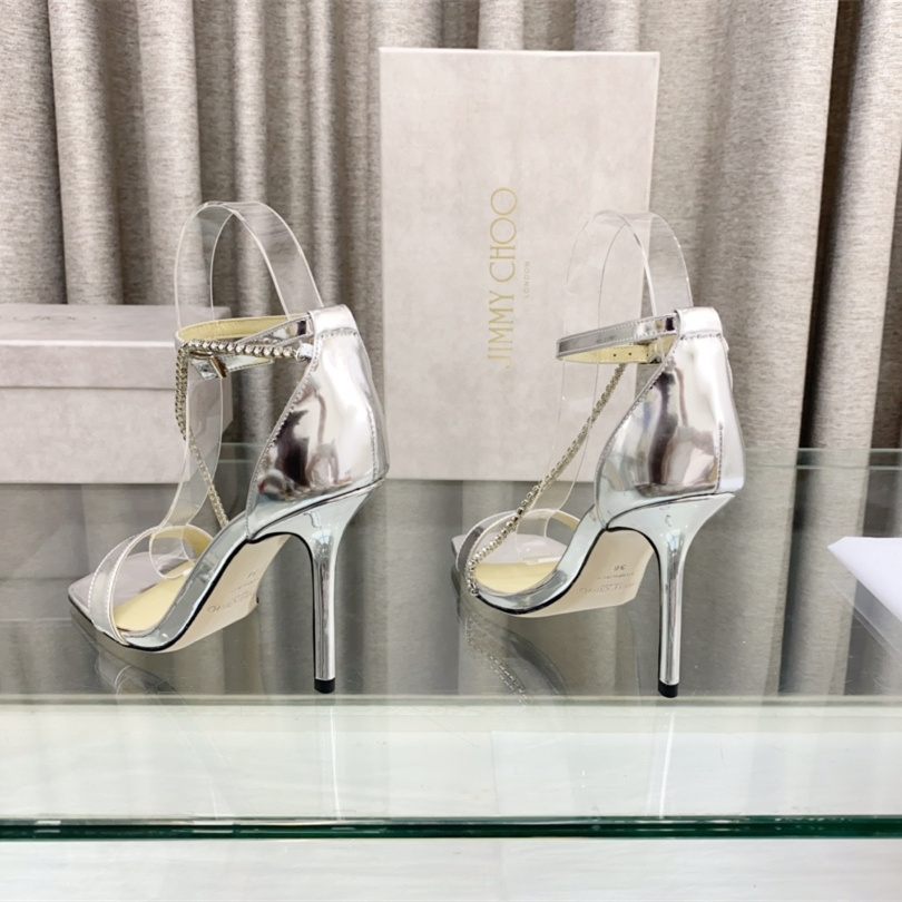 高仿JimmyChoo*TALIKA2方頭塔扣高踭涼鞋銀色10CM免檢版