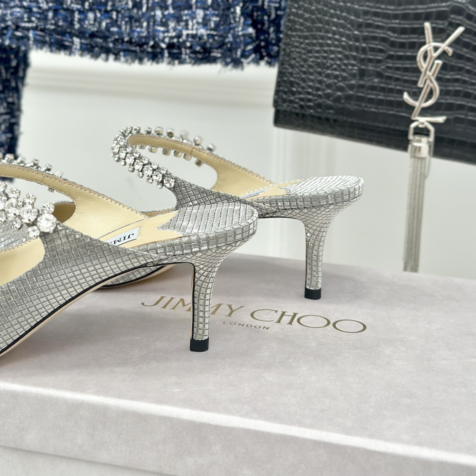 高仿JimmyChoo*BING65T水晶鑲嵌涼拖銀色6.5CM免檢版