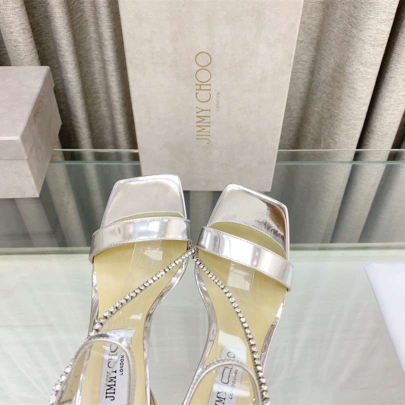高仿JimmyChoo*TALIKA2方頭塔扣高踭涼鞋銀色10CM免檢版