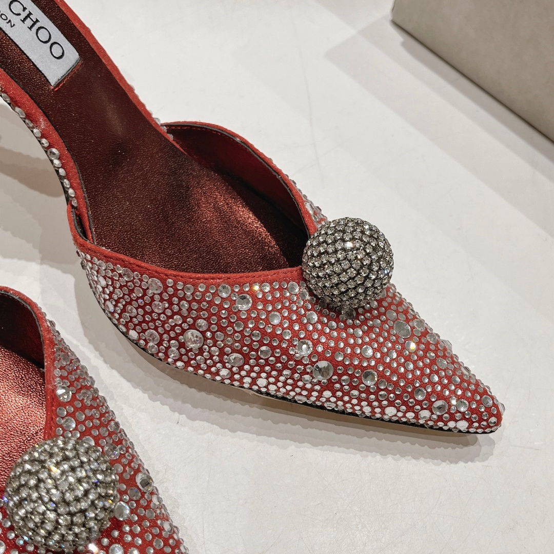 高仿JimmyChoo*SABINE5水鑽亮片高踭鞋銀紅色8.5CM免檢版