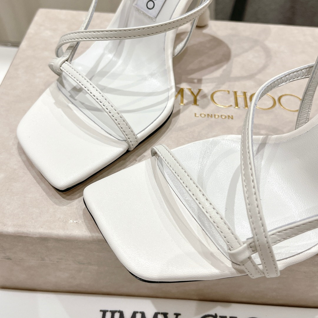 高仿JimmyChoo*ETANA94交叉塔扣高踭涼鞋白色9.5CM免檢版