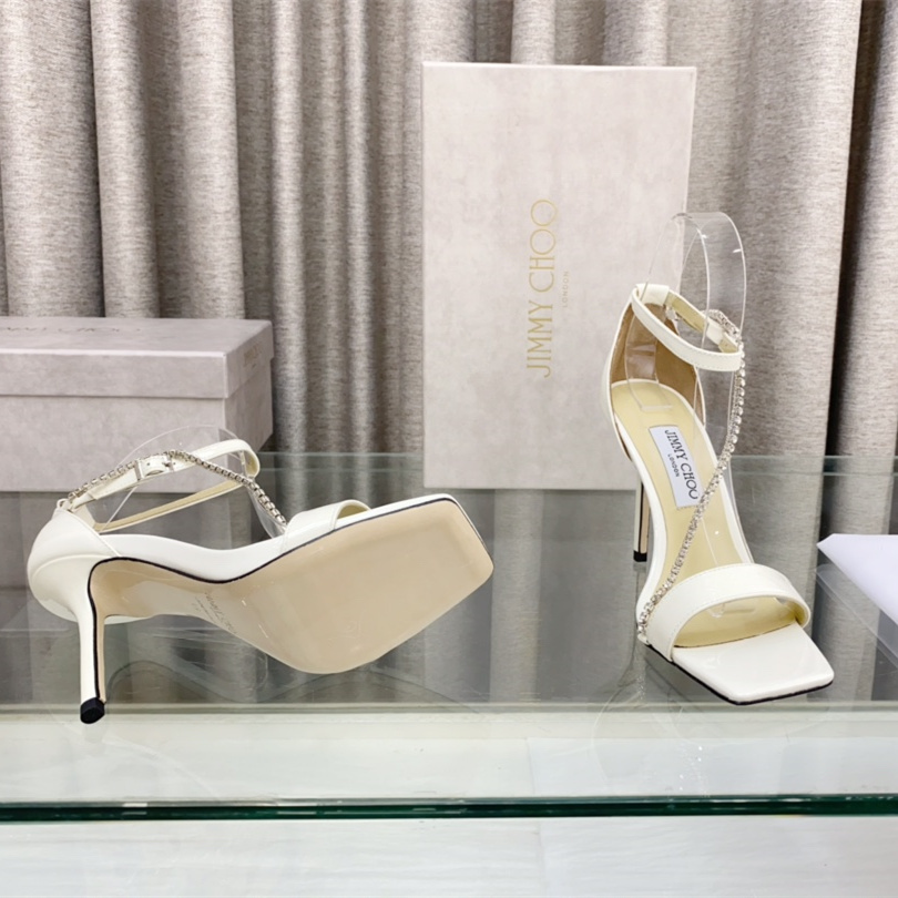 高仿JimmyChoo*TALIKA3方頭塔扣高踭涼鞋白色10CM免檢版