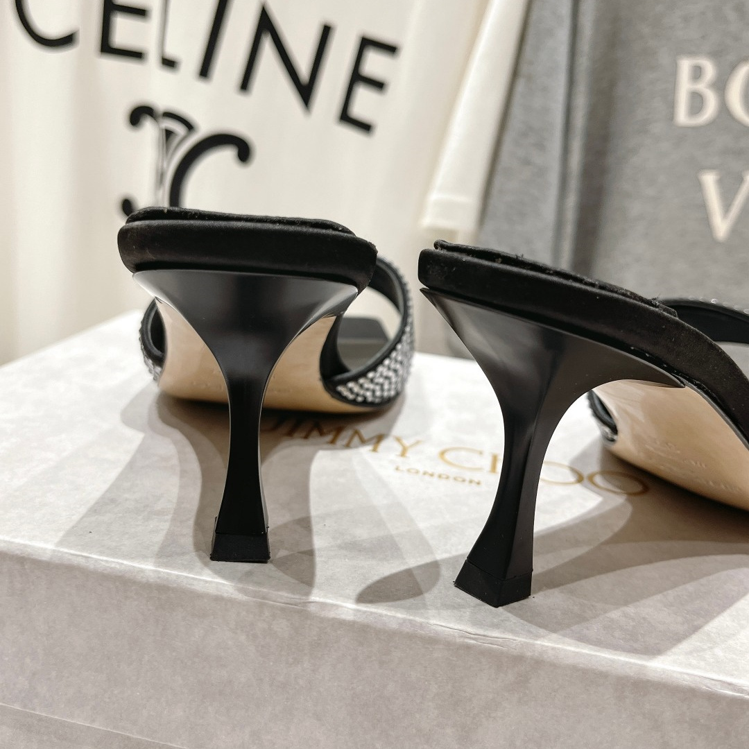 高仿JimmyChoo*SKYE74S方頭一字拖鞋水鑽黑7CM免檢版