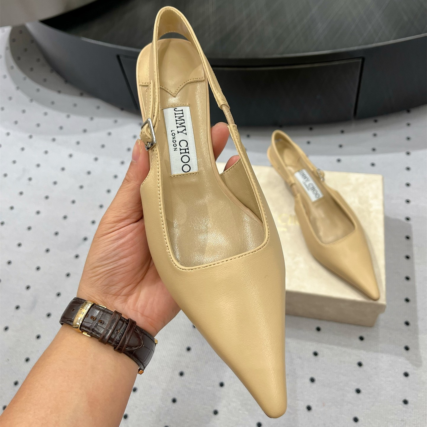 高仿JimmyChoo*AMEL50N尖頭塔扣高踭鞋膚色4.5CM免檢版