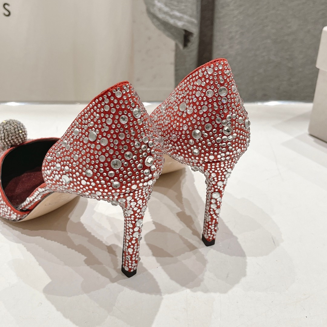 高仿JimmyChoo*SABINE5水鑽亮片高踭鞋銀紅色8.5CM免檢版
