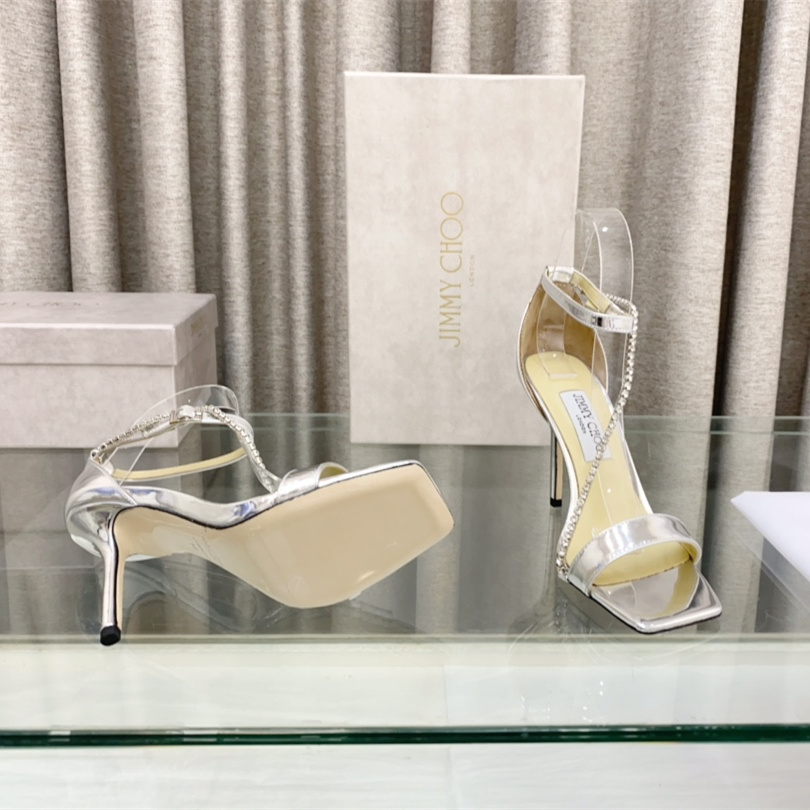 高仿JimmyChoo*TALIKA2方頭塔扣高踭涼鞋銀色10CM免檢版