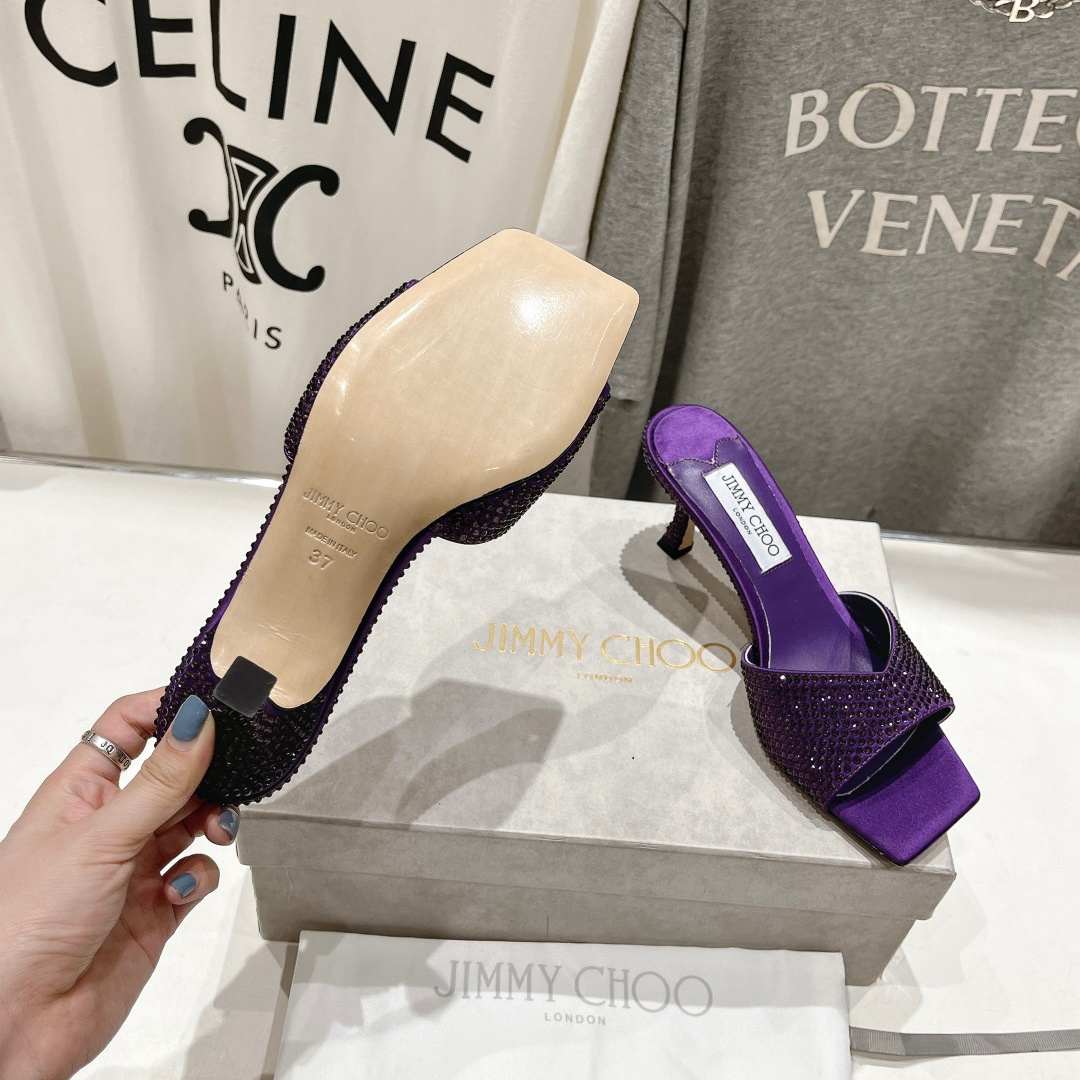 高仿JimmyChoo*SKYE75S方頭一字拖鞋水鑽紫7CM免檢版