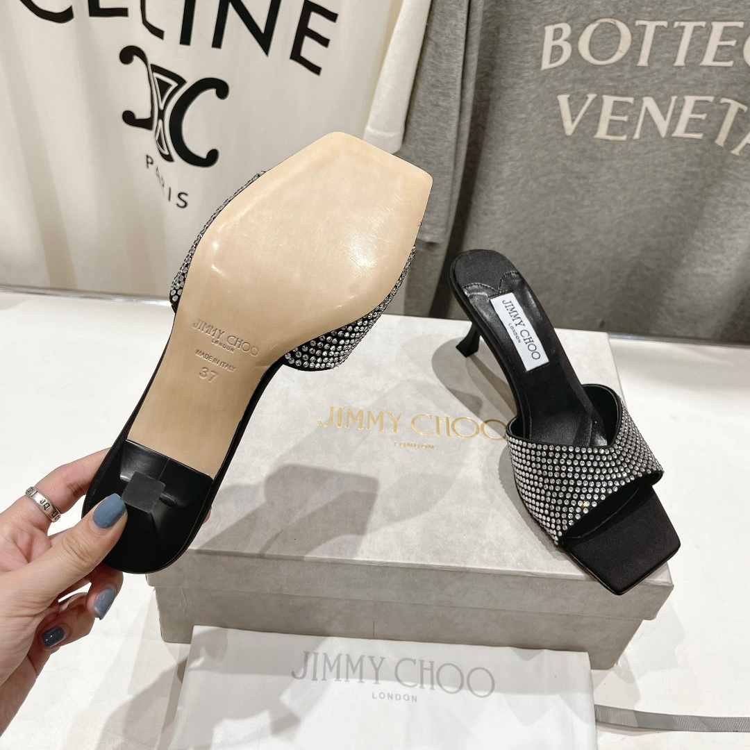 高仿JimmyChoo*SKYE74S方頭一字拖鞋水鑽黑7CM免檢版