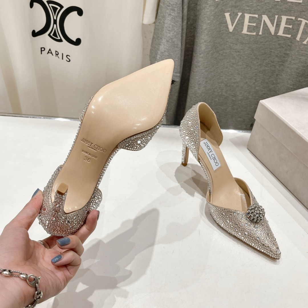 高仿JimmyChoo*SABINE8水鑽亮片高踭鞋裸色8.5CM免檢版