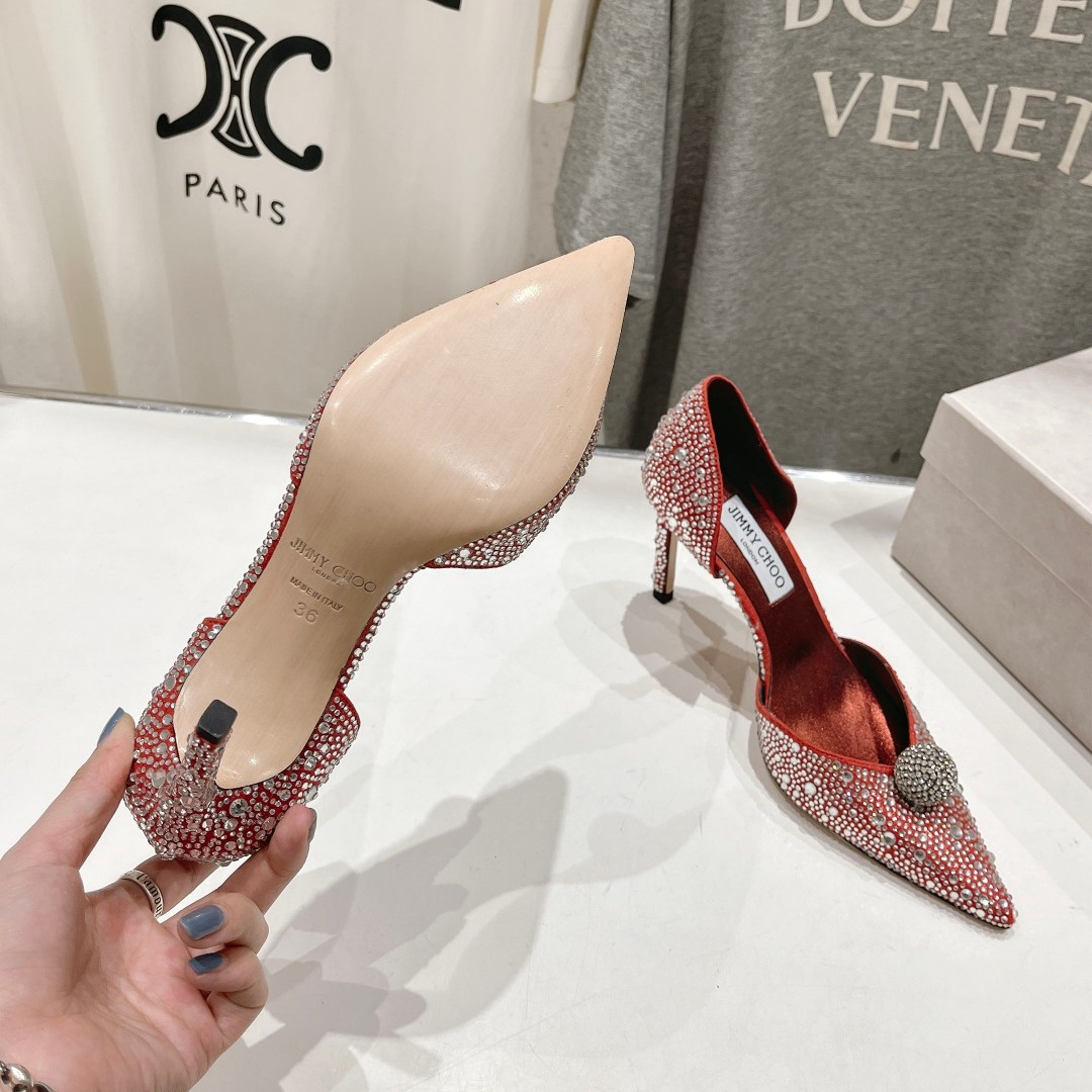 高仿JimmyChoo*SABINE5水鑽亮片高踭鞋銀紅色8.5CM免檢版