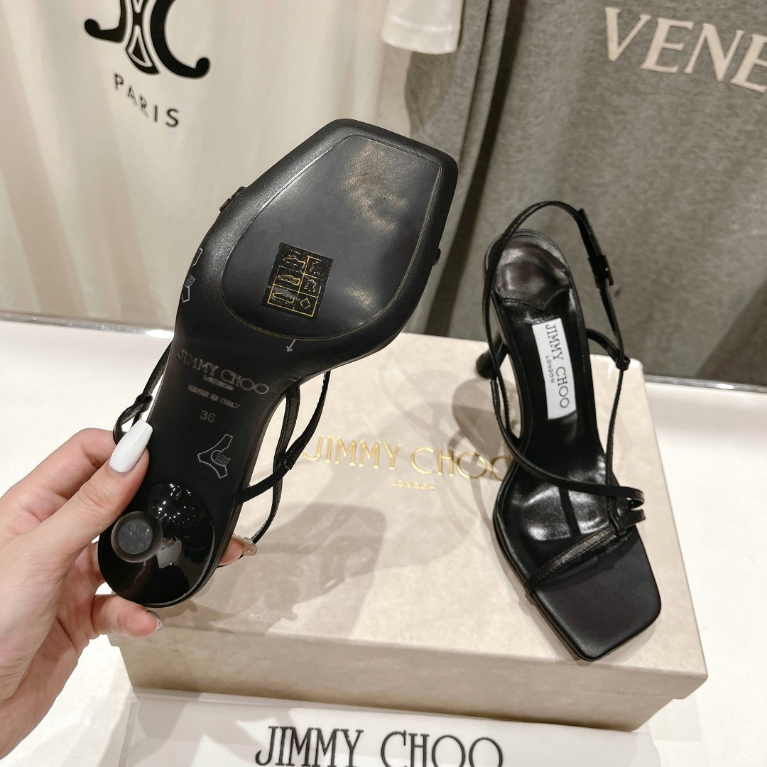 高仿JimmyChoo*ETANA95交叉塔扣高踭涼鞋黑色9.5CM免檢版
