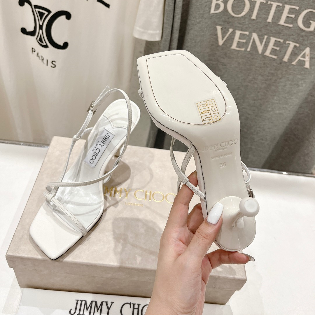 高仿JimmyChoo*ETANA94交叉塔扣高踭涼鞋白色9.5CM免檢版