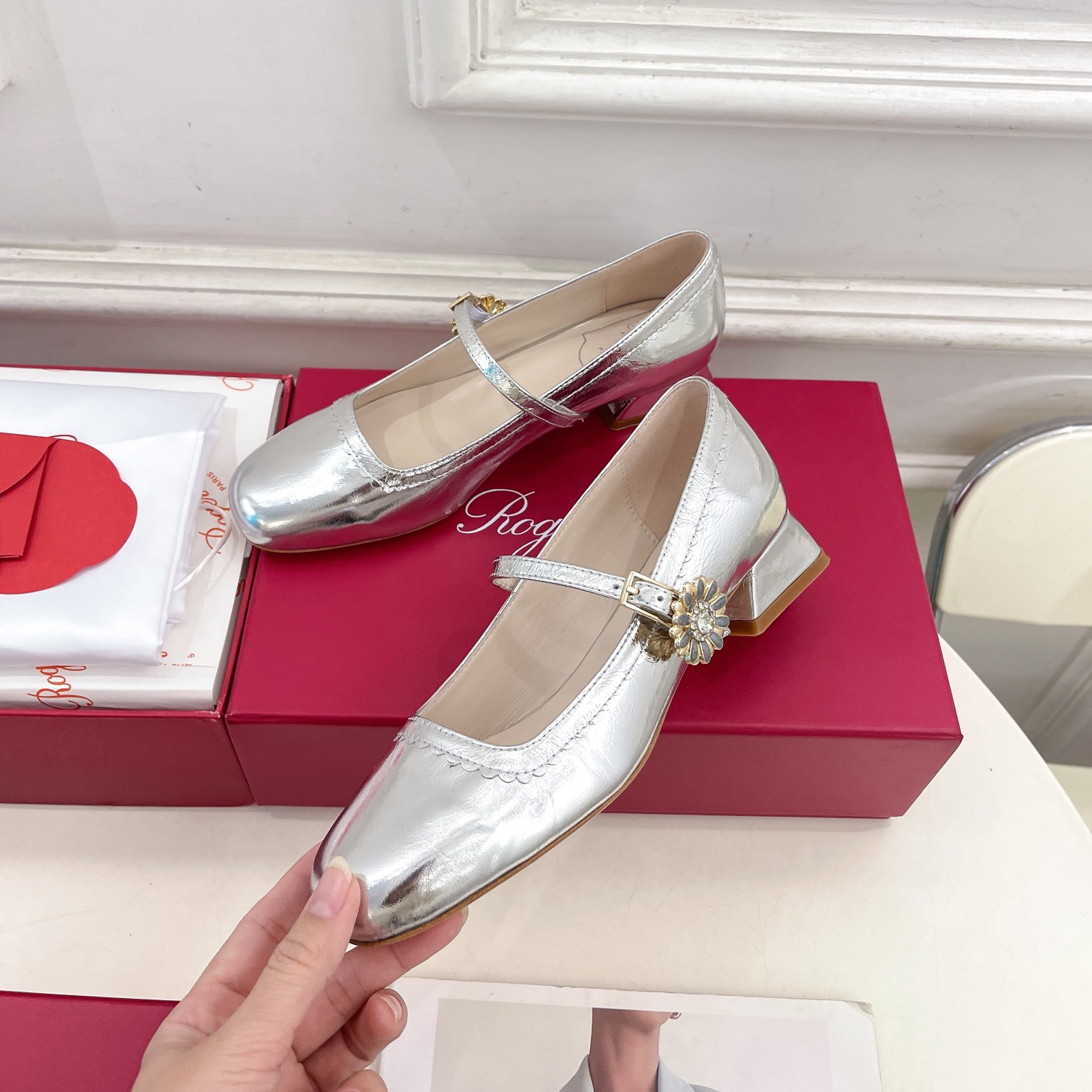 高仿RogerVivier*RVW5405瑪麗珍鞋銀色3CM免檢版
