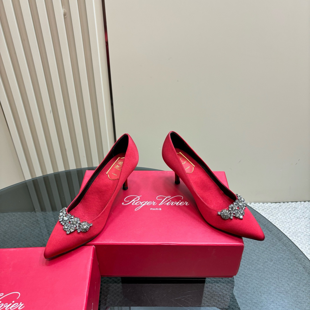 高仿RogerVivier*RVW5025水鑽尖頭高踭鞋紅色8.5CM免檢版