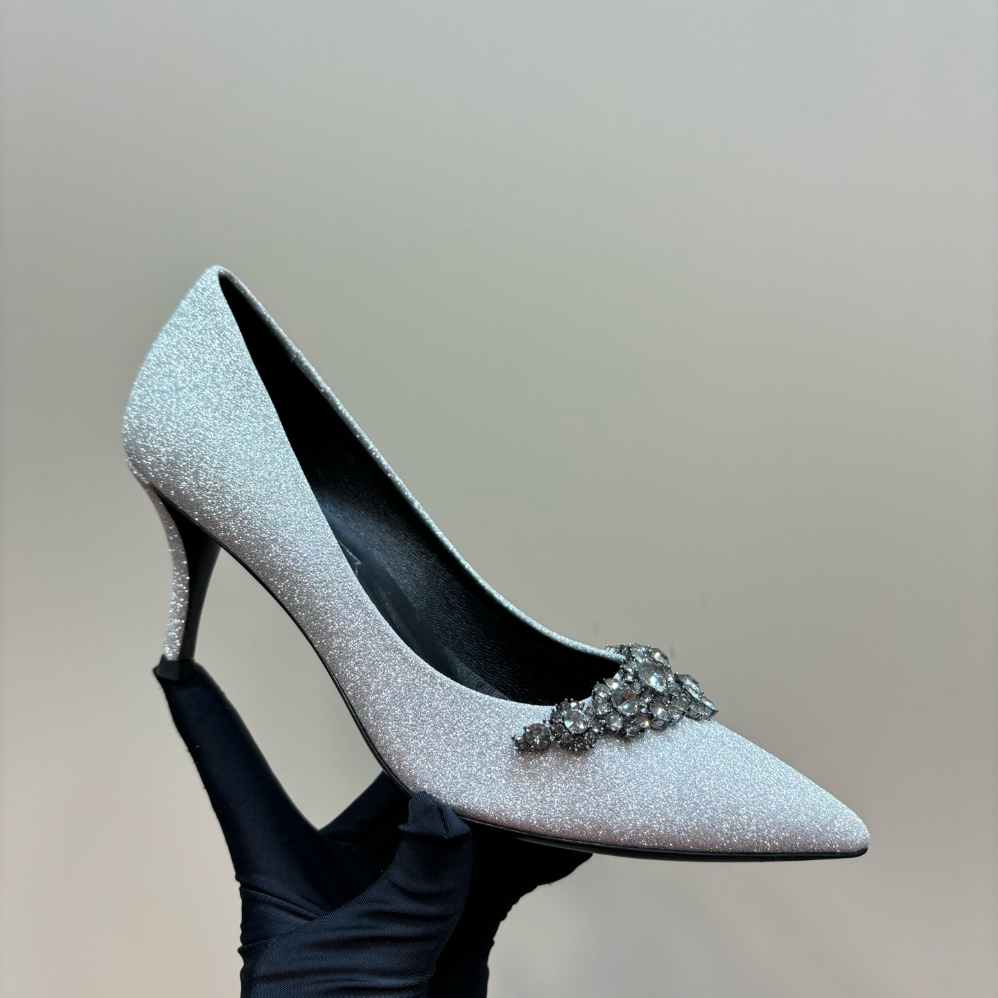 高仿RogerVivier*RVW5021水鑽尖頭高踭鞋灰色8.5CM免檢版