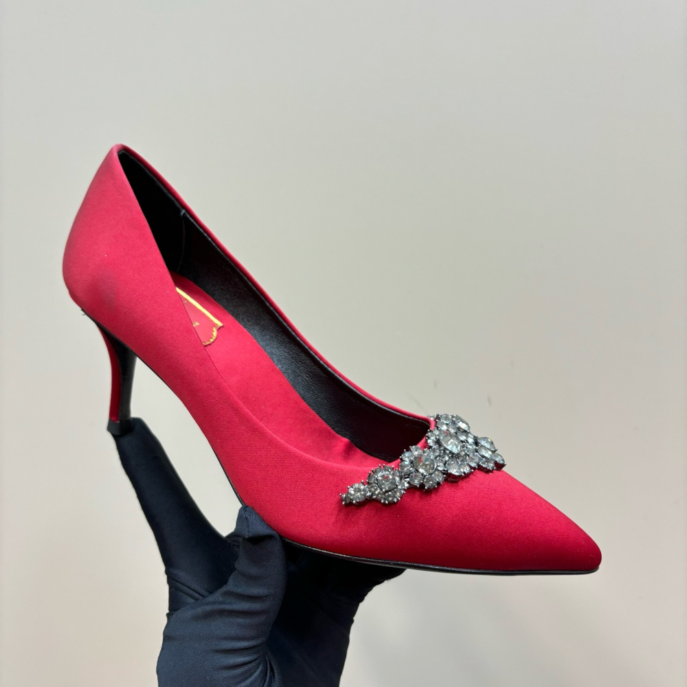 高仿RogerVivier*RVW5025水鑽尖頭高踭鞋紅色8.5CM免檢版