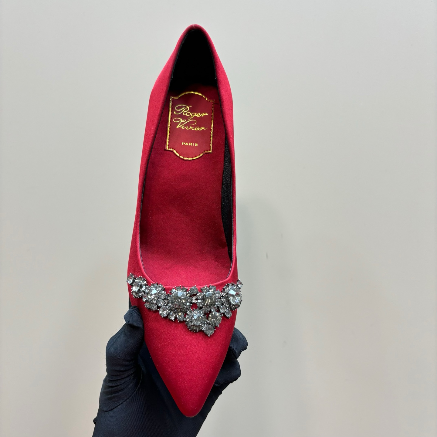 高仿RogerVivier*RVW5025水鑽尖頭高踭鞋紅色8.5CM免檢版