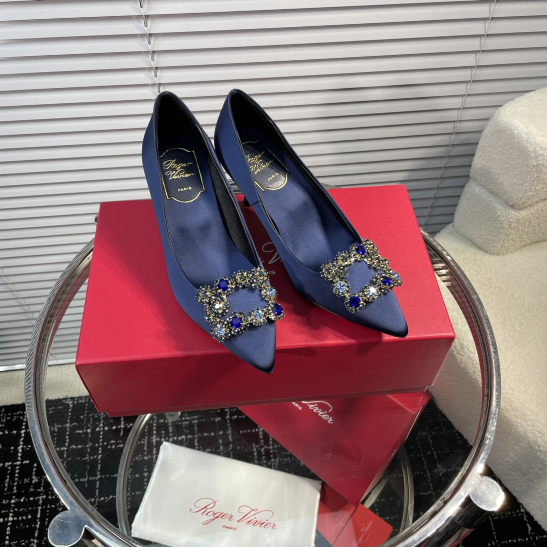 高仿RogerVivier*RVW4145水鑽真絲高踭鞋藍色6.5CM免檢版