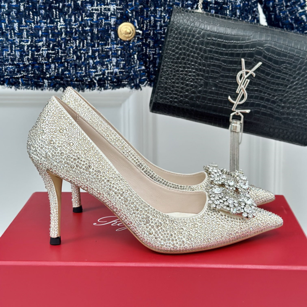 高仿RogerVivier*RVW4194雪花水鑽高踭鞋米白8.5CM免檢版