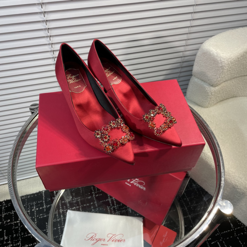 高仿RogerVivier*RVW4143水鑽真絲高踭鞋紅色6.5CM免檢版