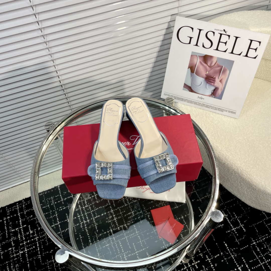 高仿RogerVivier*RVW5363鑽扣一字拖鞋牛仔布4.5CM免檢版