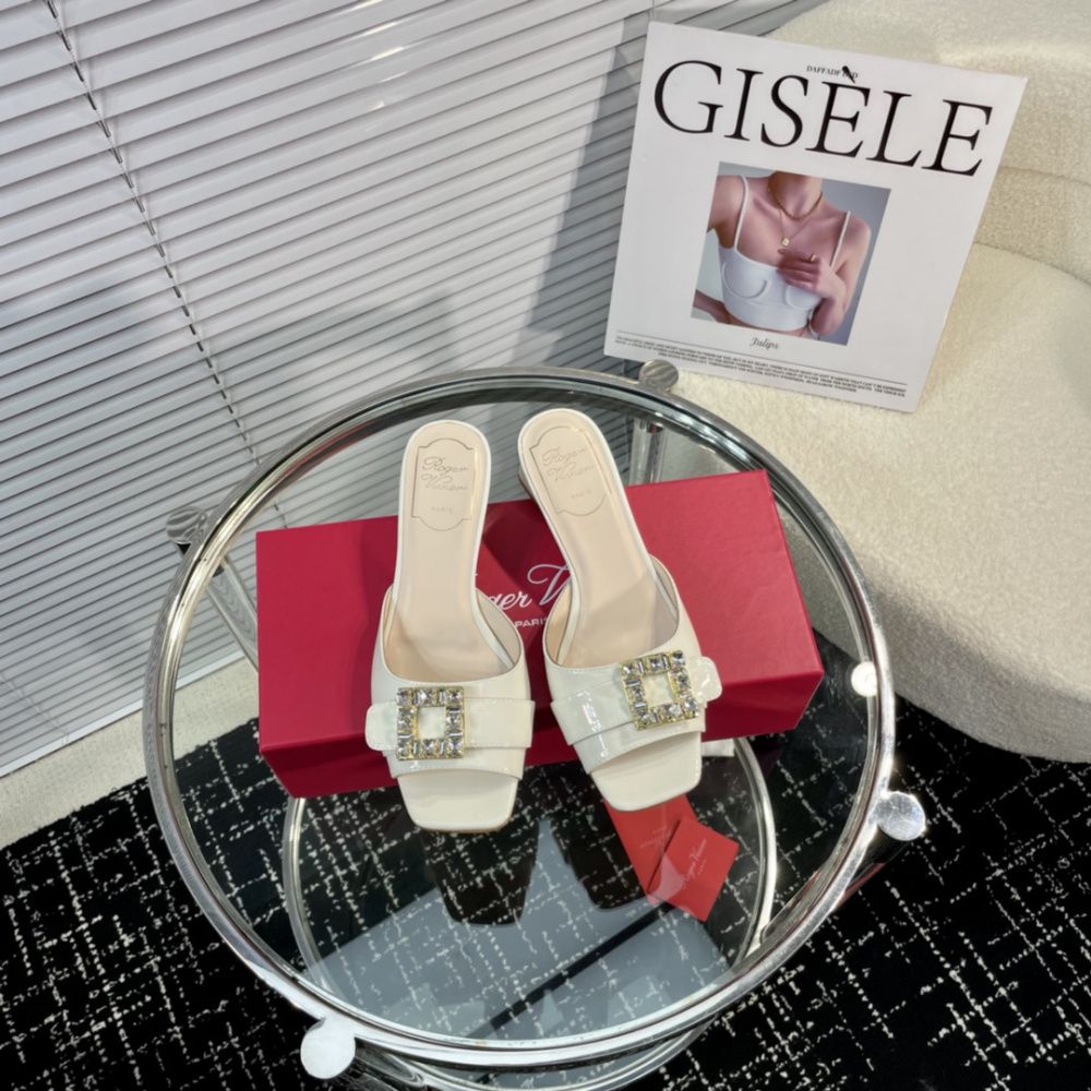 高仿RogerVivier*RVW5365鑽扣一字拖鞋漆皮白色4.5CM免檢版