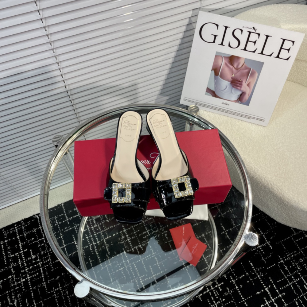 高仿RogerVivier*RVW5364鑽扣一字拖鞋漆皮黑色4.5CM免檢版