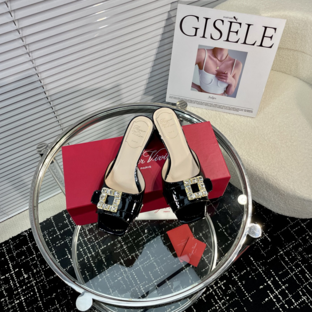 高仿RogerVivier*RVW5364鑽扣一字拖鞋漆皮黑色4.5CM免檢版