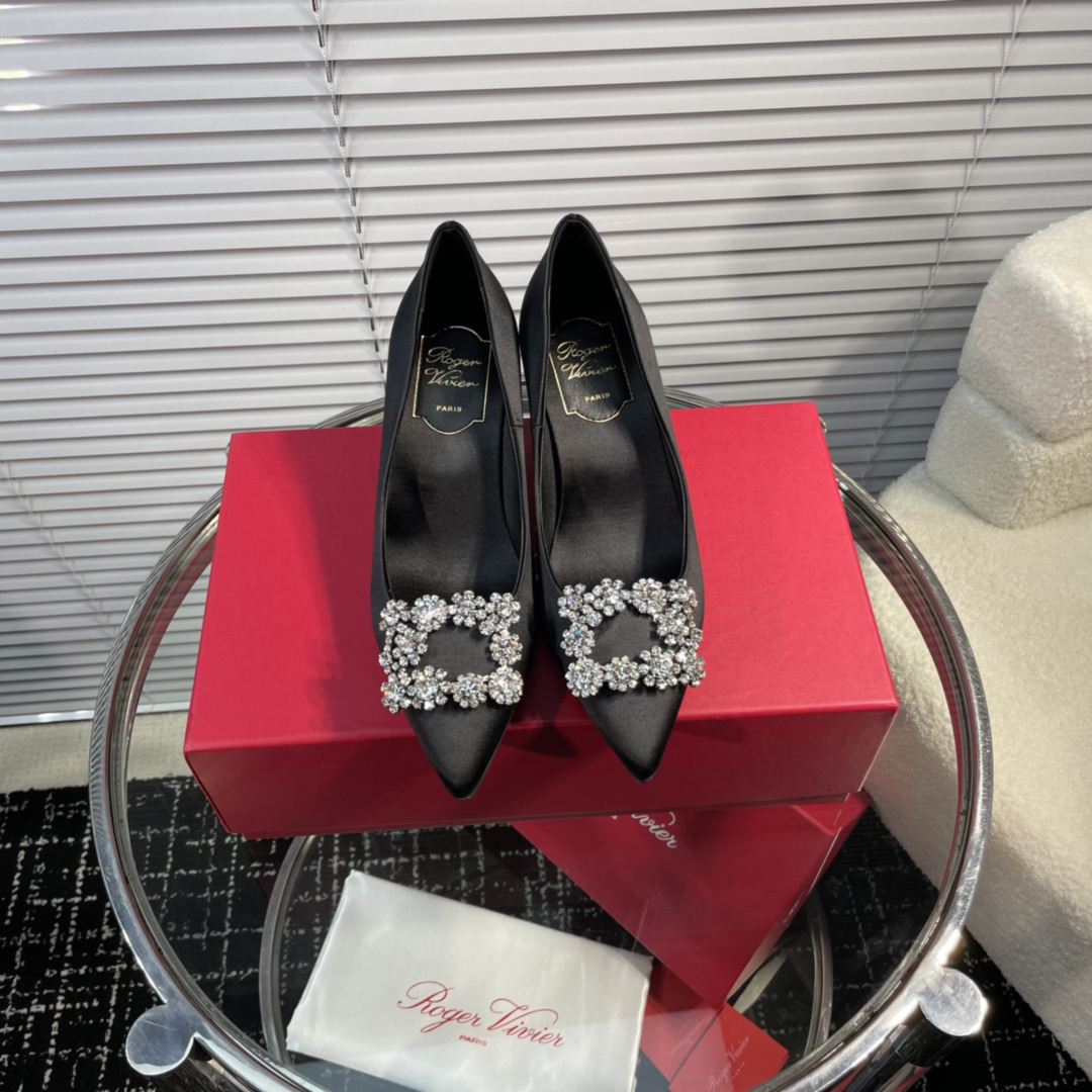 高仿RogerVivier*RVW4141水鑽真絲高踭鞋黑色6.5CM免檢版