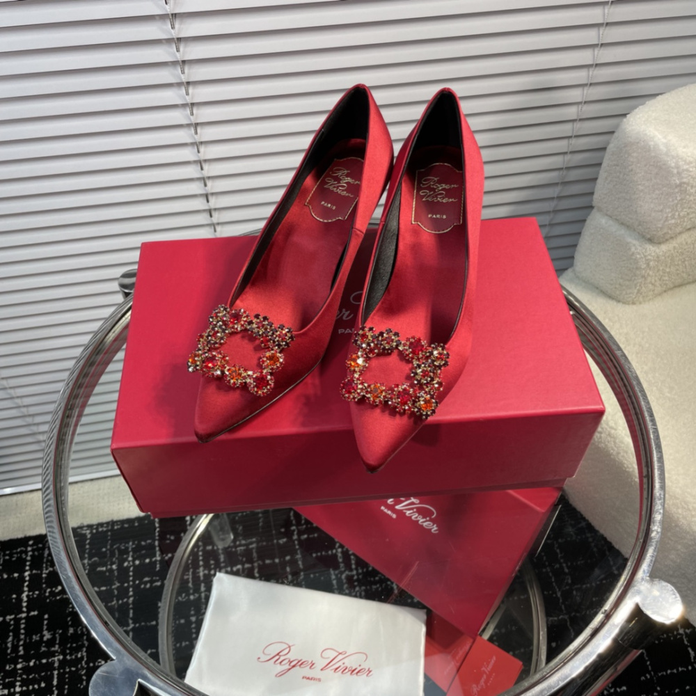 高仿RogerVivier*RVW4143水鑽真絲高踭鞋紅色6.5CM免檢版